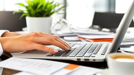 A close-up of a professional hand typing on a laptop keyboard in a modern office, with papers and a cup of coffee nearby. The clean, organized workspace symbolizes productivity and focus. 