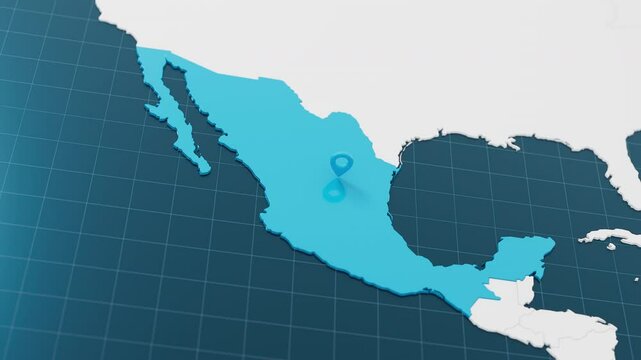 Blue Mexico 3d map with pointer pin surrounded with other countries in white. Europe political map with borders animation. 3d render.