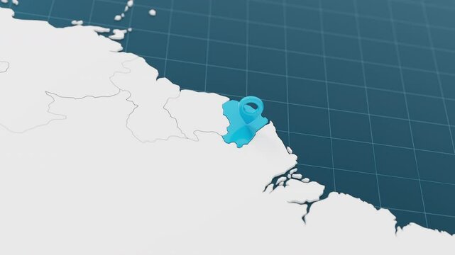 Blue French Guiana 3d map with pointer pin surrounded with other countries in white. Europe political map with borders animation. 3d render.
