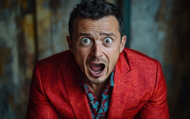 A man is wearing a red jacket and looking surprised