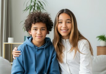 Obraz premium Portrait of two happy mixed race teenage siblings smiling and posing together on sofa at home