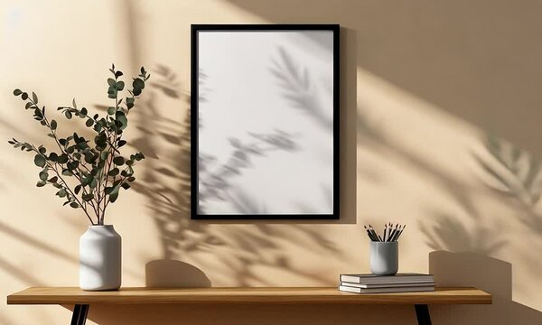 A minimalist 70x100 cm poster mockup in a sleek black frame, displayed in a stylish modern interior
