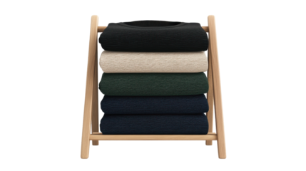 Neatly stacked cozy sweaters on a wooden rack. transparent background