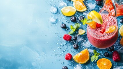Refreshing fruit smoothie pouring with ice kitchen food scene