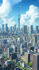 Obraz premium Anime tokyo city skyline with skyscraper buildings and blue sky in daytime, high detailed cartoonish art, wallpaper background high resolution. anime wallpaper. Ultra realistic. Photorealistic