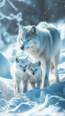 Obraz premium Arctic wolf family in a snowy landscape. wolf wallpaper. Ultra realistic. Photorealistic hypermaximalist hyper realistic fine detail