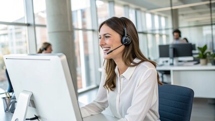Smiling female call-center agent wearing a headset and providing professional customer support in a modern office environment, emphasizing effective communication and client assistance