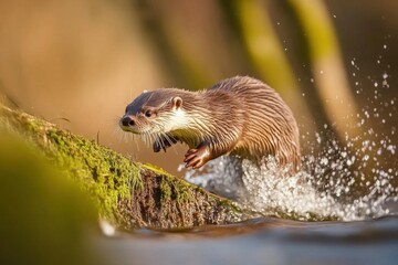 Fototapeta premium A dynamic shot of a European otter sliding down a riverbank