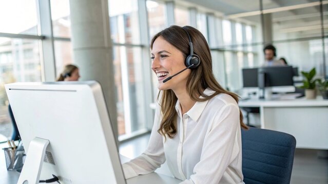 Smiling female call-center agent wearing a headset and providing professional customer support in a modern office environment, emphasizing effective communication and client assistance