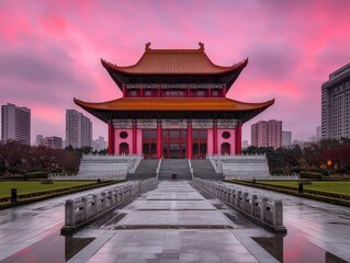 Serene Sunset View of Grand Chinese Pagoda Temple