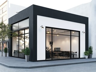 Modern minimalist coffee shop exterior design.