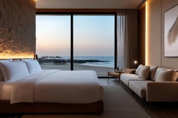 Obraz premium An elegant hotel room captures the beauty of dusk, featuring a stunning ocean view, artistic decor, and a serene ambiance that invites relaxation and introspection.