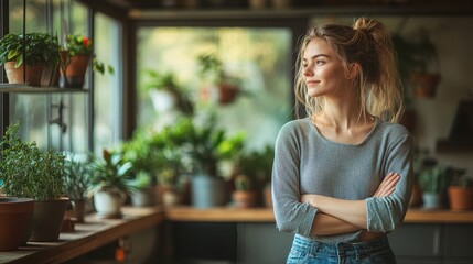 A young entrepreneur working on design sketches at her desk with a laptop in a modern studio