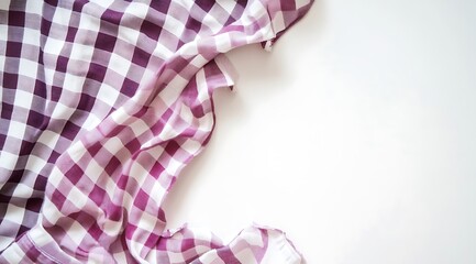 A clean white background with a purple and white checkered tablecloth, accompanied by a white and red gingham fabric cloth folded or crumpled in a flat lay position