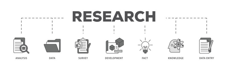 Research infographic icon flow process which consists of analysis, data, survey, development, fact, knowledge and data entry icon live stroke and easy to edit .