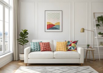 Mock up poster in luxury classic style living room interior, 3d render, white and grey sofas 