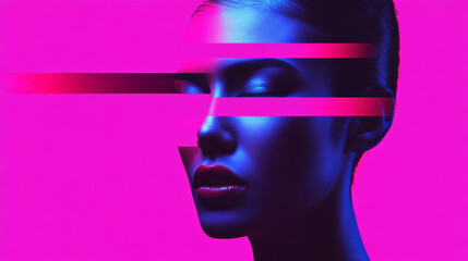 This striking image features close up of womans face, illuminated with vibrant pink and blue lighting, creating dramatic and artistic effect. use of bold colors and abstract lines adds modern touch to