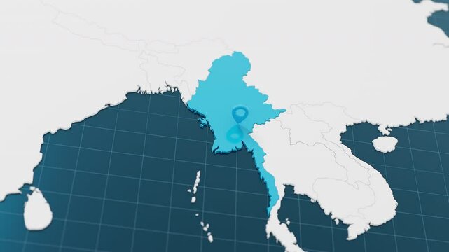 Blue Myanmar 3d map with pointer pin surrounded with other countries in white. Europe political map with borders animation. 3d render.