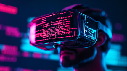 Immersive virtual reality experience with person wearing VR goggles, surrounded by vibrant digital data and code. atmosphere is futuristic and tech savvy, evoking curiosity and excitement