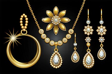 Jewelry Vector Set Featuring Gold Earrings, Necklaces, and Luxury Accessories