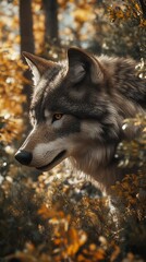 Obraz premium Close encounter with grey wolf in nature. wildlife, wolf, wolves, bush, wilderness, usa, predator, killer, animal concept. wolf wallpaper. 
