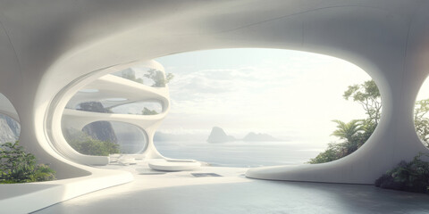 Fototapeta premium A modern, futuristic interior with organic shapes and large windows offers breathtaking view of serene islands and tranquil sea. space is filled with natural light and greenery, creating peaceful atmo