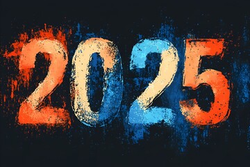 2025 New Year's Design with Vibrant Splashes of Orange, Blue, and Beige Paint, 2025 new year word art