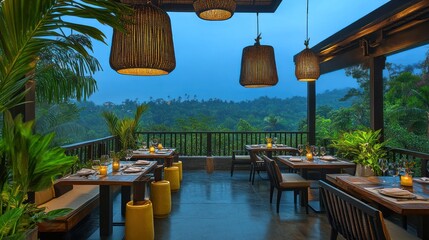 Fototapeta premium Outdoor restaurant with jungle view at dusk.