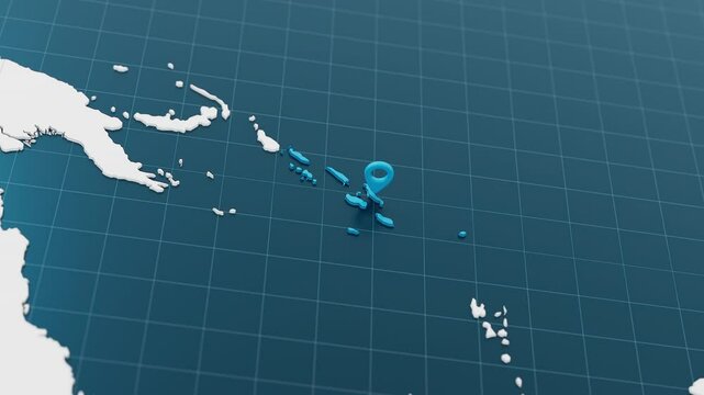 Blue Solomon Islands 3d map with pointer pin surrounded with other countries in white. Europe political map with borders animation. 3d render.