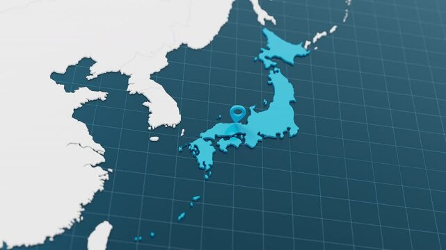 Blue Japan 3d map with pointer pin surrounded with other countries in white. Europe political map with borders animation. 3d render