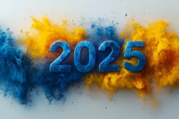 2025 new year word art design with Burst of Blue and Gold Powder background