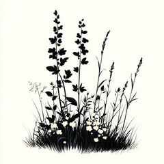 Silhouetted wildflowers and grasses against a white background.