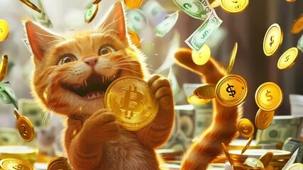 A cat is holding a gold coin and surrounded by piles of money. The cat appears to be happy and excited about the gold coin - Powered by Adobe