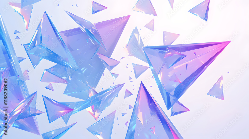 Poster abstract image of iridescent blue and purple triangular prisms floating against a white background. 