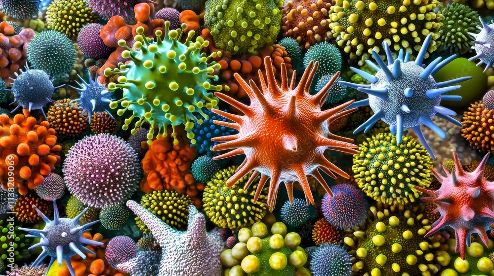 Poster microscopic view revealing a vibrant array of colorful viruses and bacteria thriving in their comple