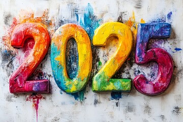 Vibrant, Textured 2025 New Year's Greeting Painted in a Rainbow of Hues on an Artistic Canvas, 2025 new year word art