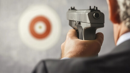 CEO in sleek business suit confidently aiming toy pistol at target on wall, symbolizing strategic leadership and decision-making in corporate environment.
