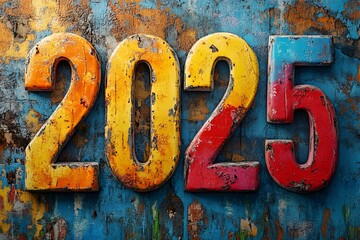 Vibrant, Multicolored Wooden 2025 Number Signs on a Rustic, Grunge-Textured Background, 2025 new year word art