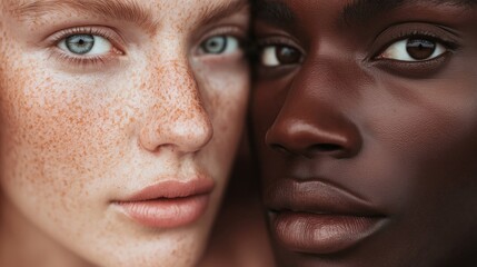 Close-up of two diverse models showcasing natural beauty and different ethnicities, promoting inclusivity and body positivity in beauty standards