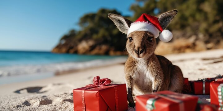A Kangaroo dressed as Santa Claus surrounded by presents on the beach