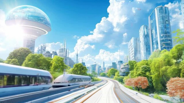 Futuristic cityscape with greenery, advanced transportation, and bright blue skies.