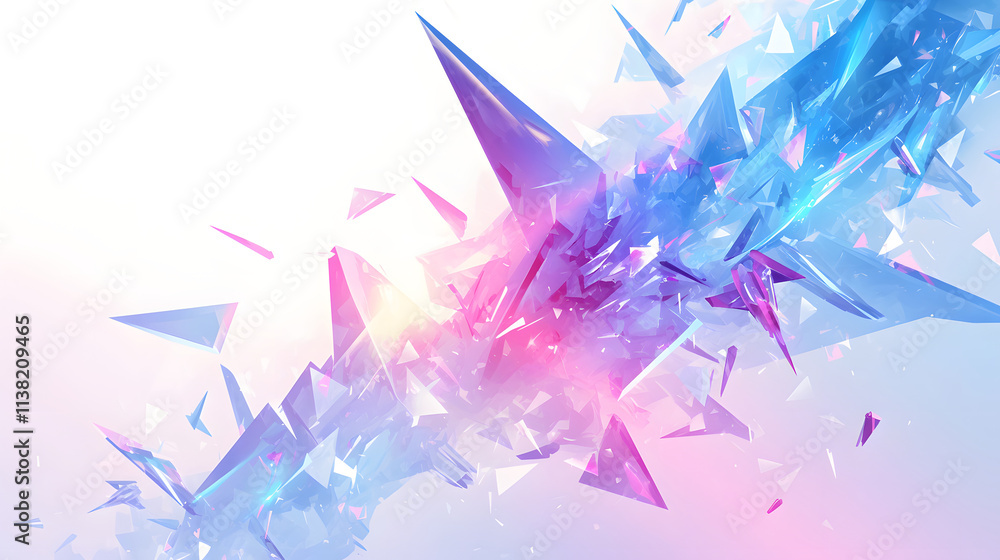 Poster abstract art featuring a dynamic explosion of pastel-colored crystal shards. a captivating blend of 