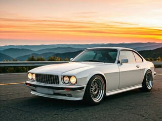photo of a white classic car with an afternoon view on the highlands,