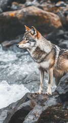 Obraz premium Lobo cinzento nas rochas e mar ao fundo - papel de parede. wolf wallpaper. Ultra realistic. Photorealistic hypermaximalist hyper realistic fine detail