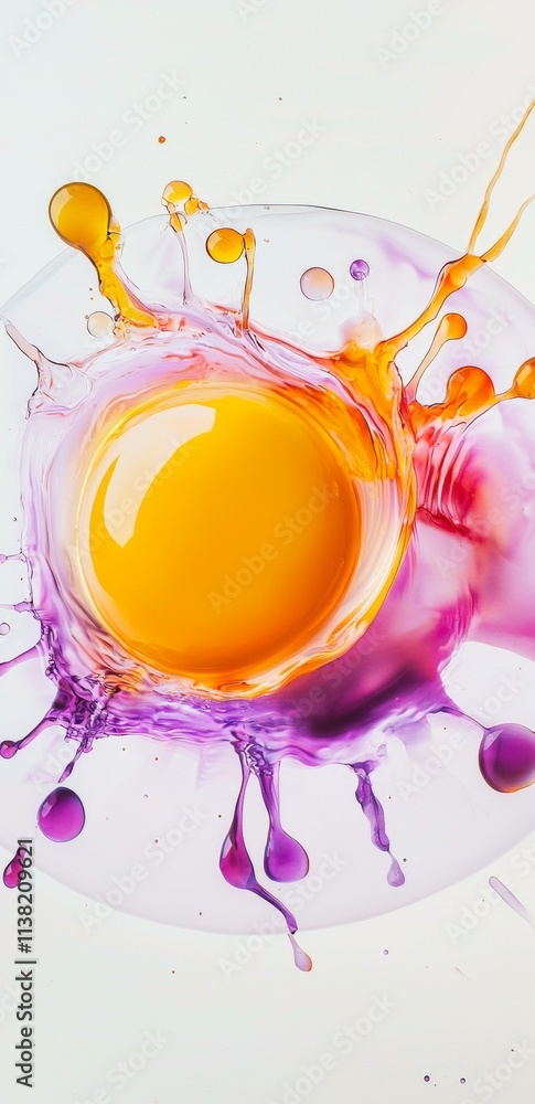 Poster orange and purple paint splashing together on a bright white background, forming an eye-catching abs