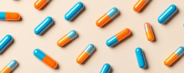 A dynamic array of blue and orange pills on a neutral beige background with subtle gradients