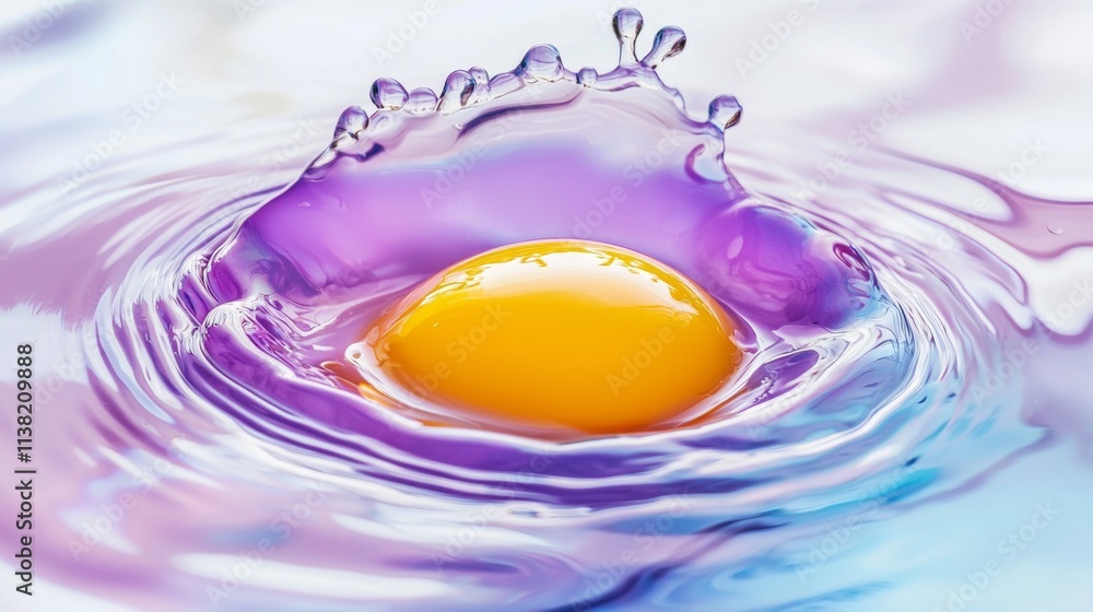 Poster egg yolk is making a splash in vibrant purple liquid, forming a crown-like shape with droplets, crea