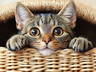 A cat is peeking out from a basket