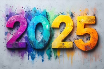 Vibrant 2025 New Year's Greeting with Colorful Textured Numbers Against a Sprayed Paint Background, 2025 new year word art