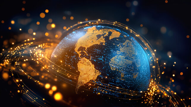 Digital gobe network connectivity, world tech telecommunication, satellite orbit rotation